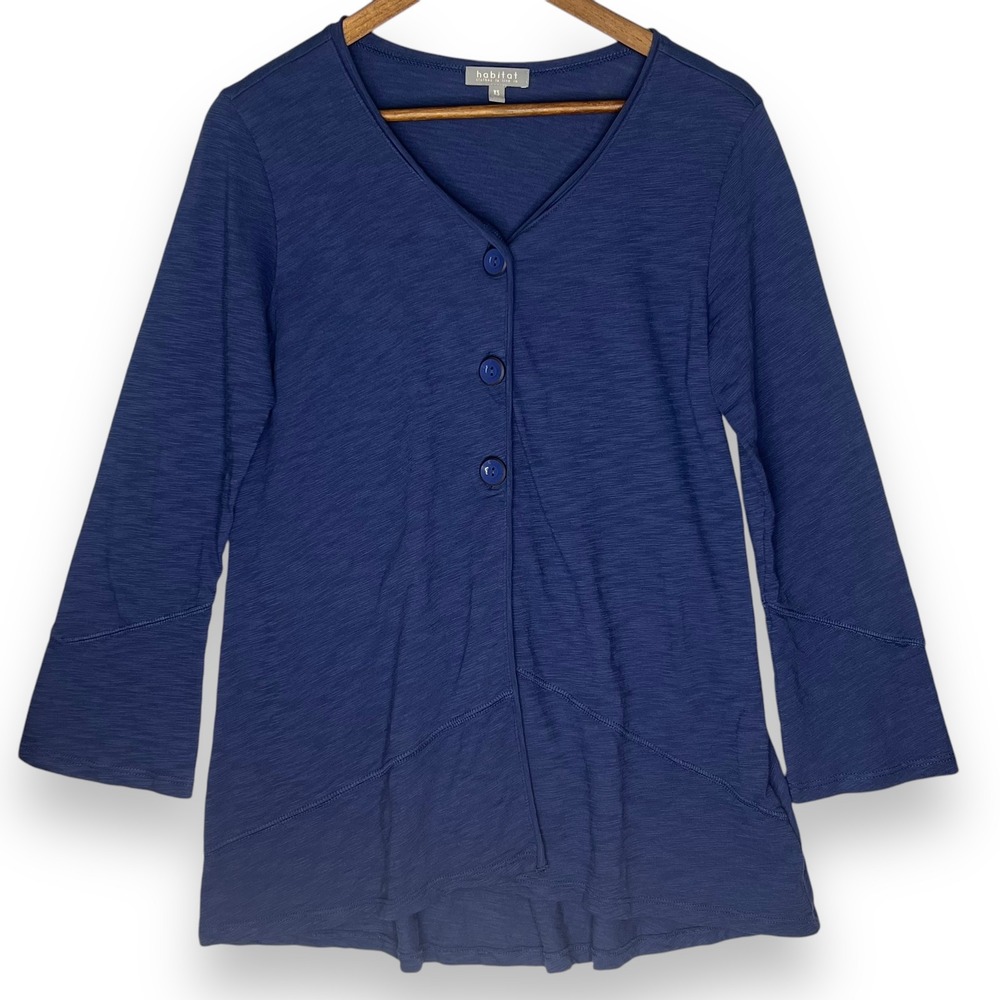 Habitat Button Front Tunic Top Cardigan 100% Cotton Slub Knit 3/4 Sleeve Blue XS